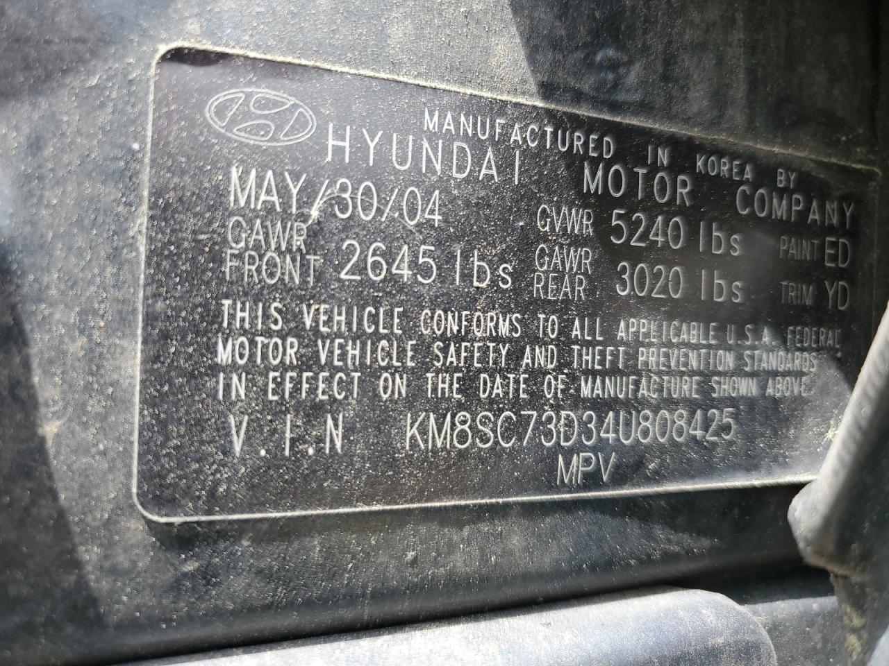 KM8SC73D34U808425 2004 Hyundai Santa Fe Gls