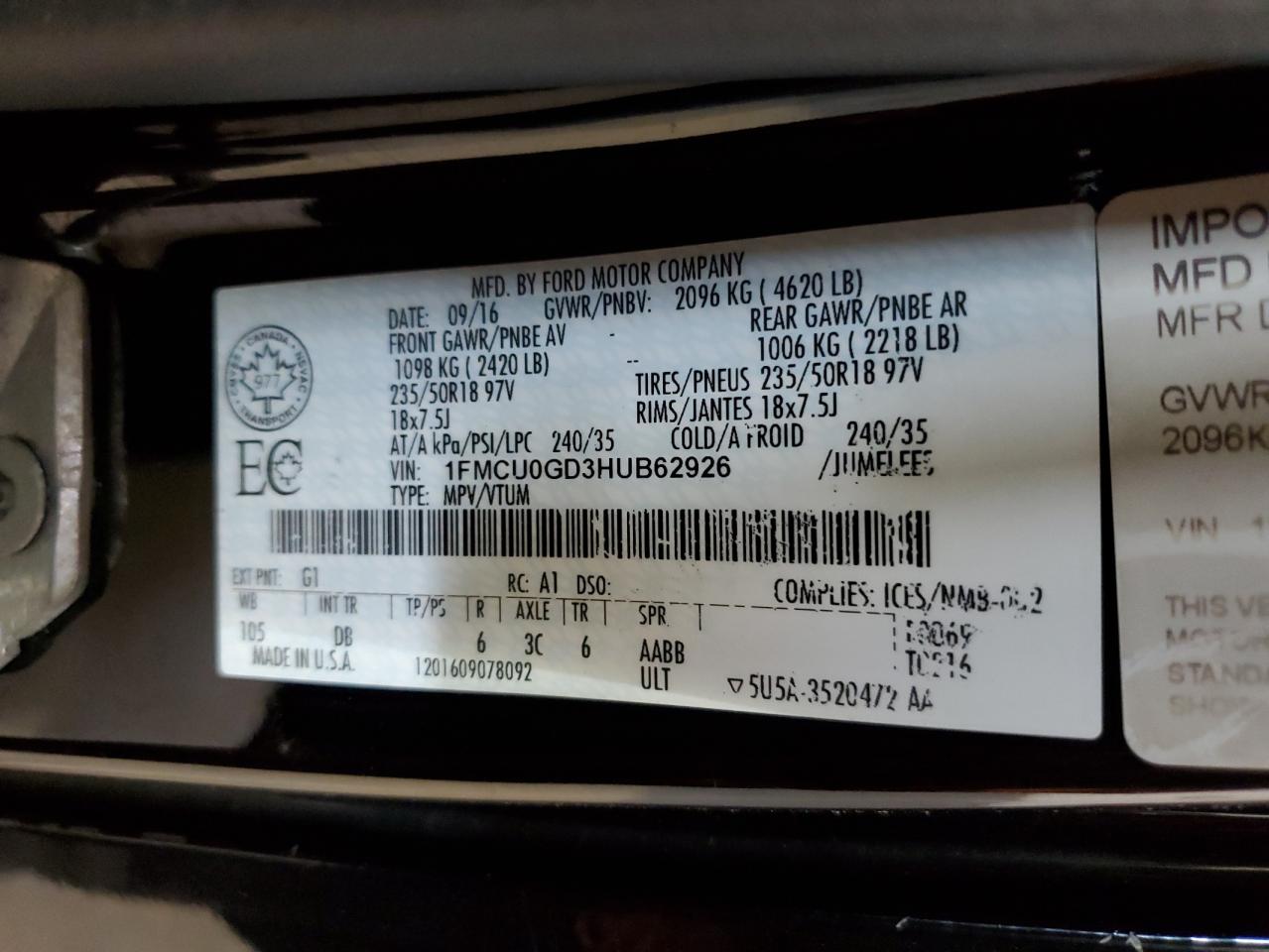 1FMCU0GD3HUB62926 2017 Ford Escape Se