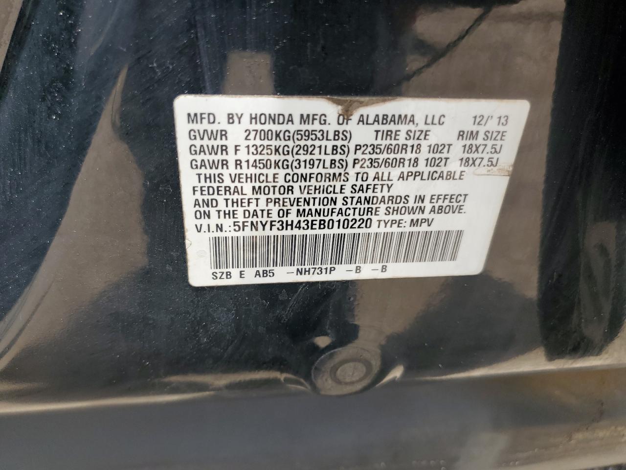 5FNYF3H43EB010220 2014 Honda Pilot Ex