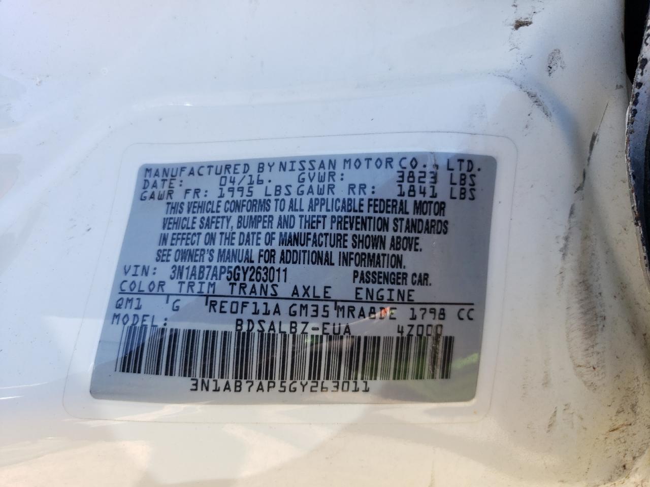 3N1AB7AP5GY263011 NISSAN SENTRA 2016