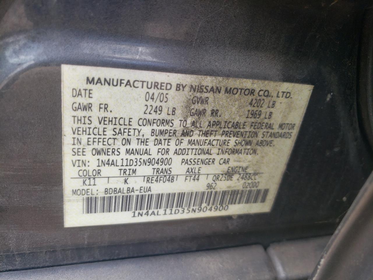 1N4AL11D35N904900 2005 Nissan Altima S