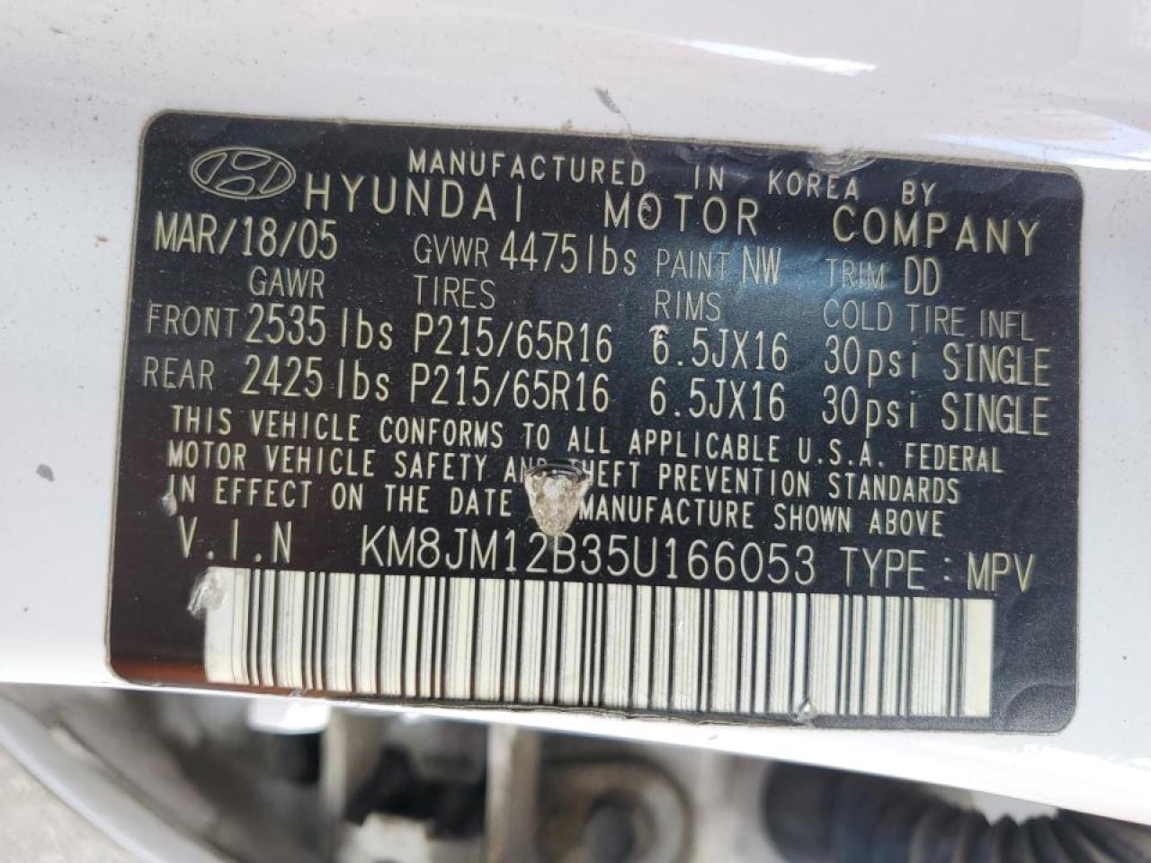 KM8JM12B35U166053 2005 Hyundai Tucson Gl
