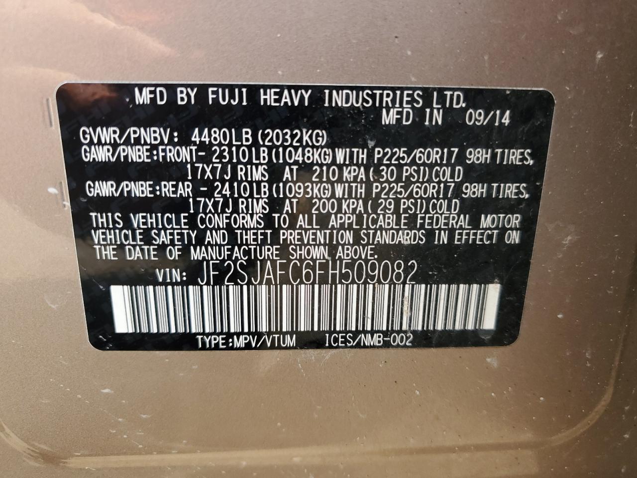 JF2SJAFC6FH509082 2015 Subaru Forester 2.5I Premium