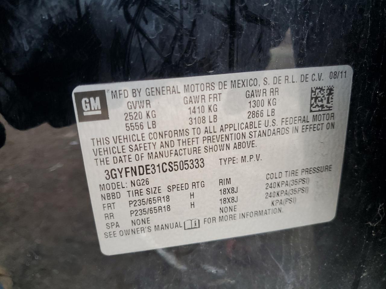 3GYFNDE31CS505333 2012 Cadillac Srx Luxury Collection