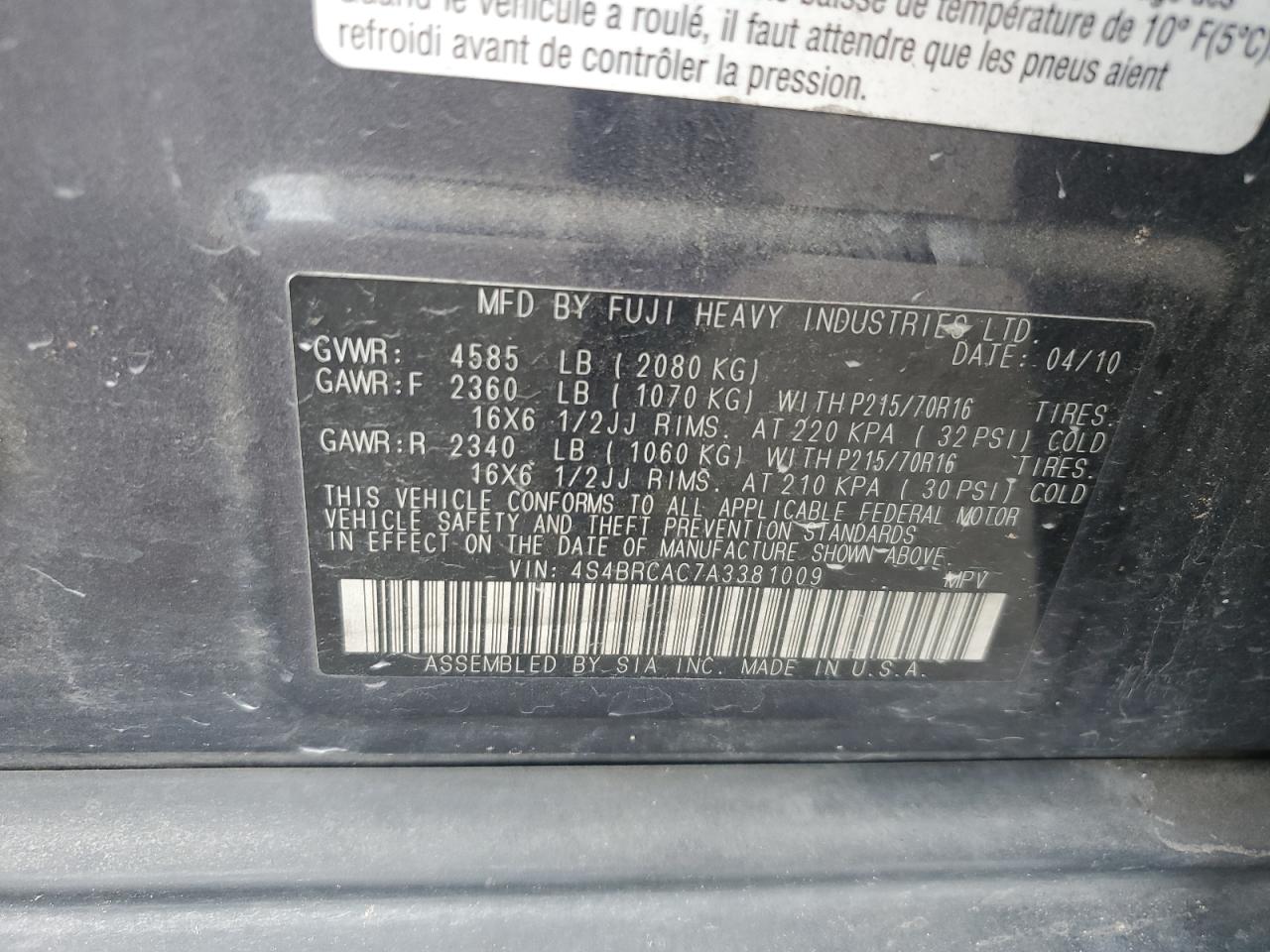 4S4BRCAC7A3381009 2010 Subaru Outback 2.5I