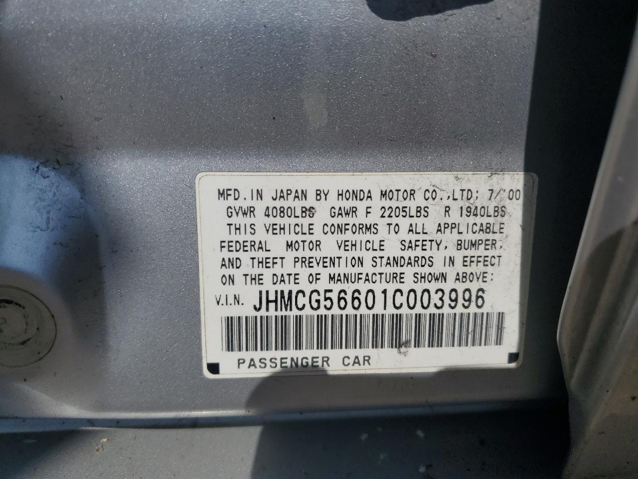 JHMCG56601C003996 2001 Honda Accord Ex