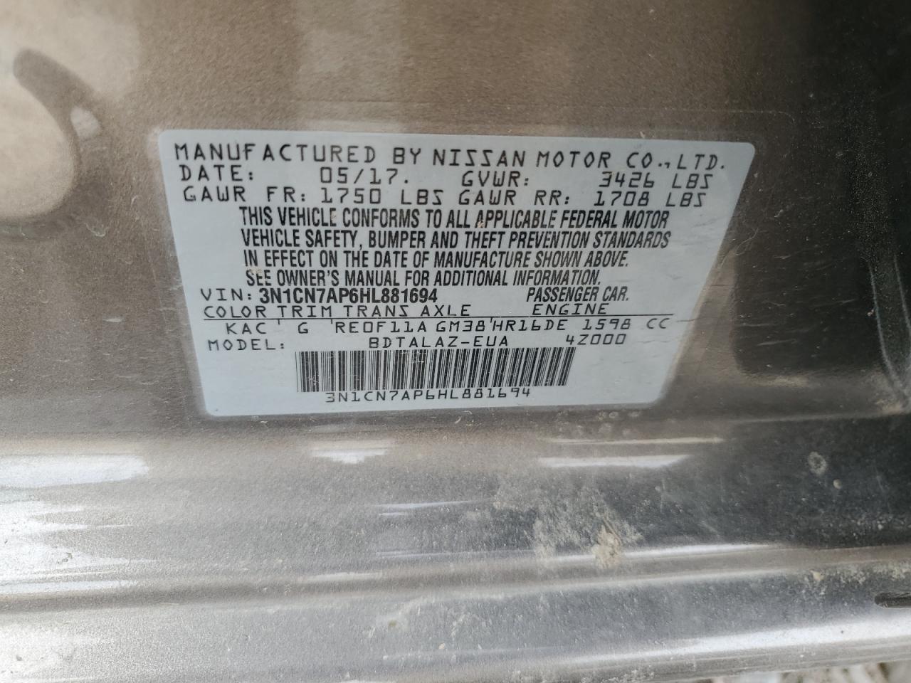 3N1CN7AP6HL881694 NISSAN VERSA 2017