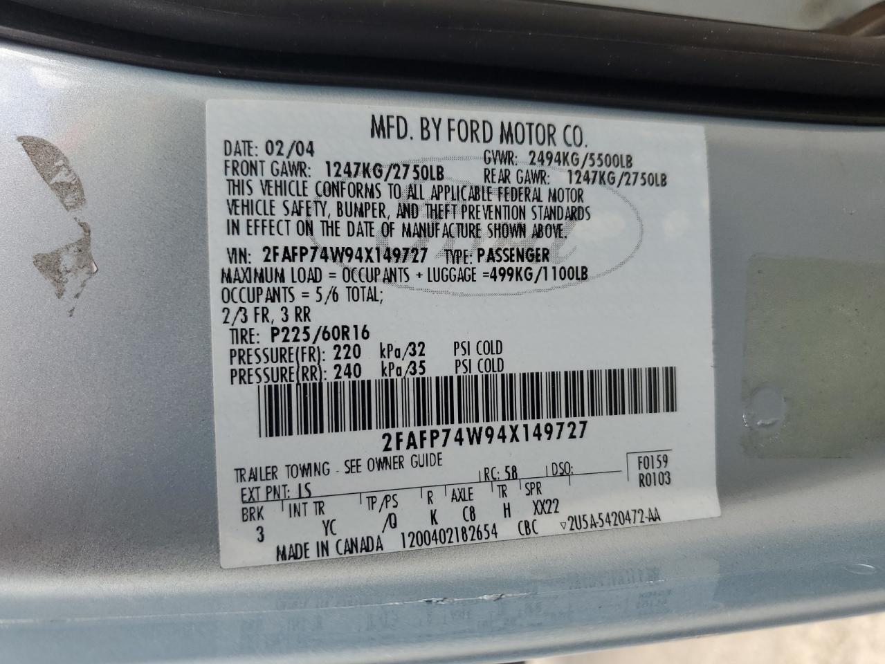 2FAFP74W94X149727 2004 Ford Crown Victoria Lx