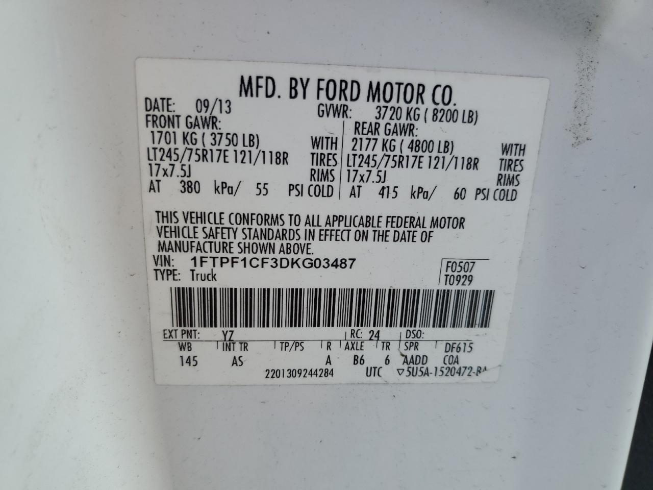 2013 Ford F150 vin: 1FTPF1CF3DKG03487