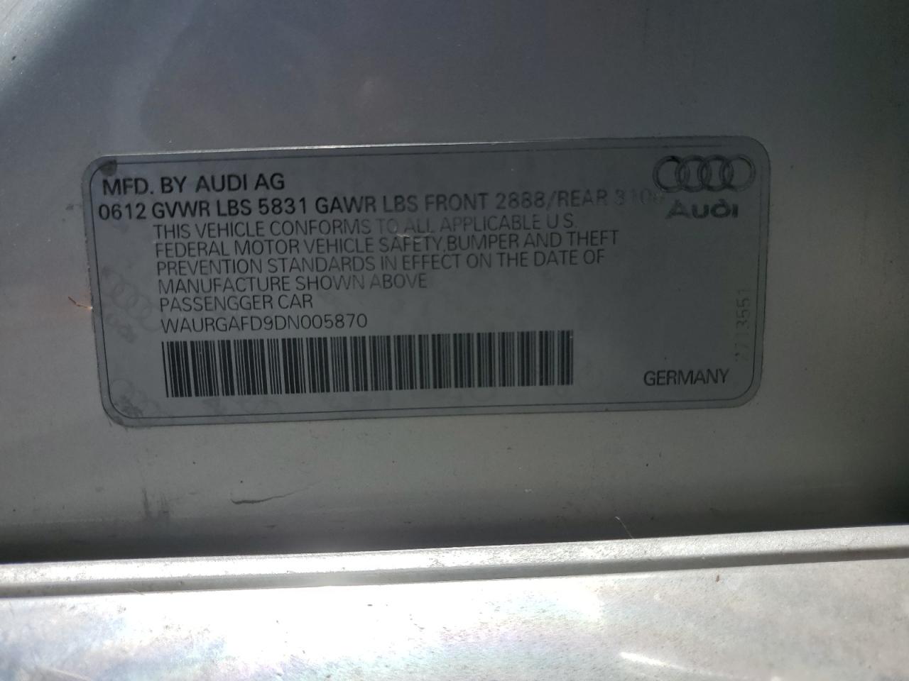 WAURGAFD9DN005870 2013 Audi A8 L Quattro