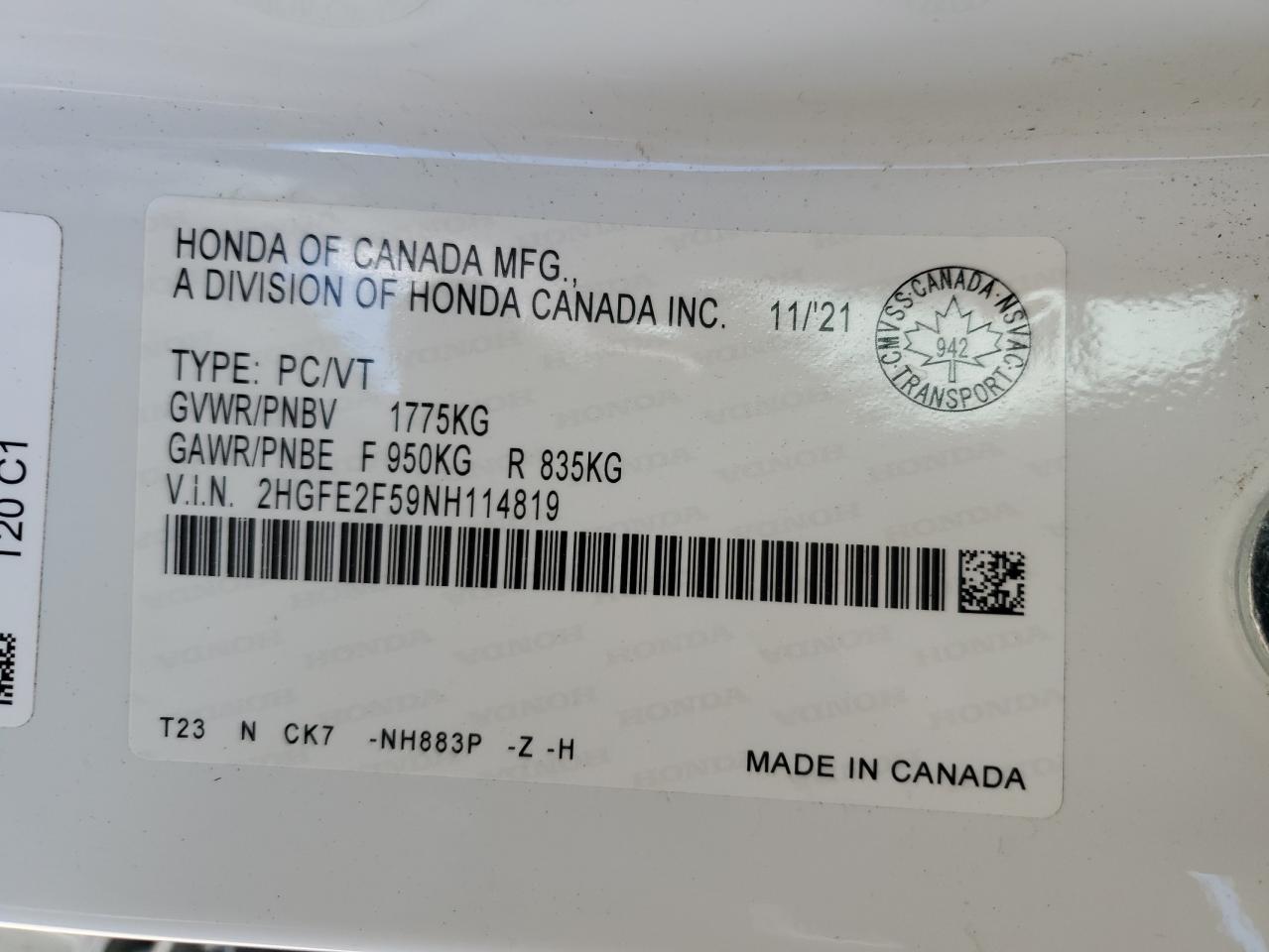 2HGFE2F59NH114819 2022 Honda Civic Sport