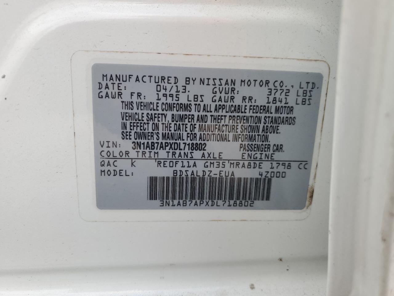 3N1AB7APXDL718802 2013 Nissan Sentra S