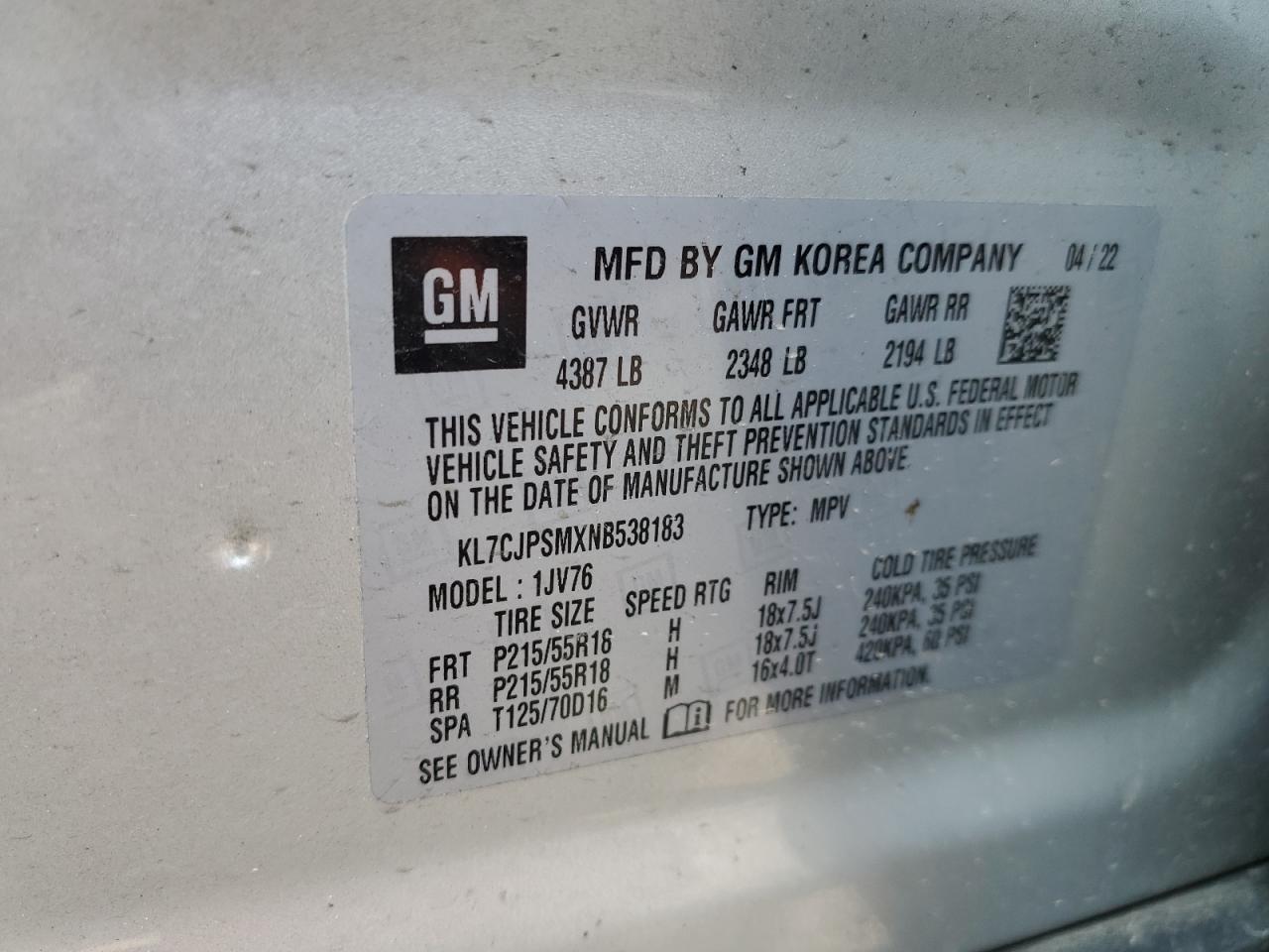 KL7CJPSMXNB538183 2022 Chevrolet Trax 1Lt