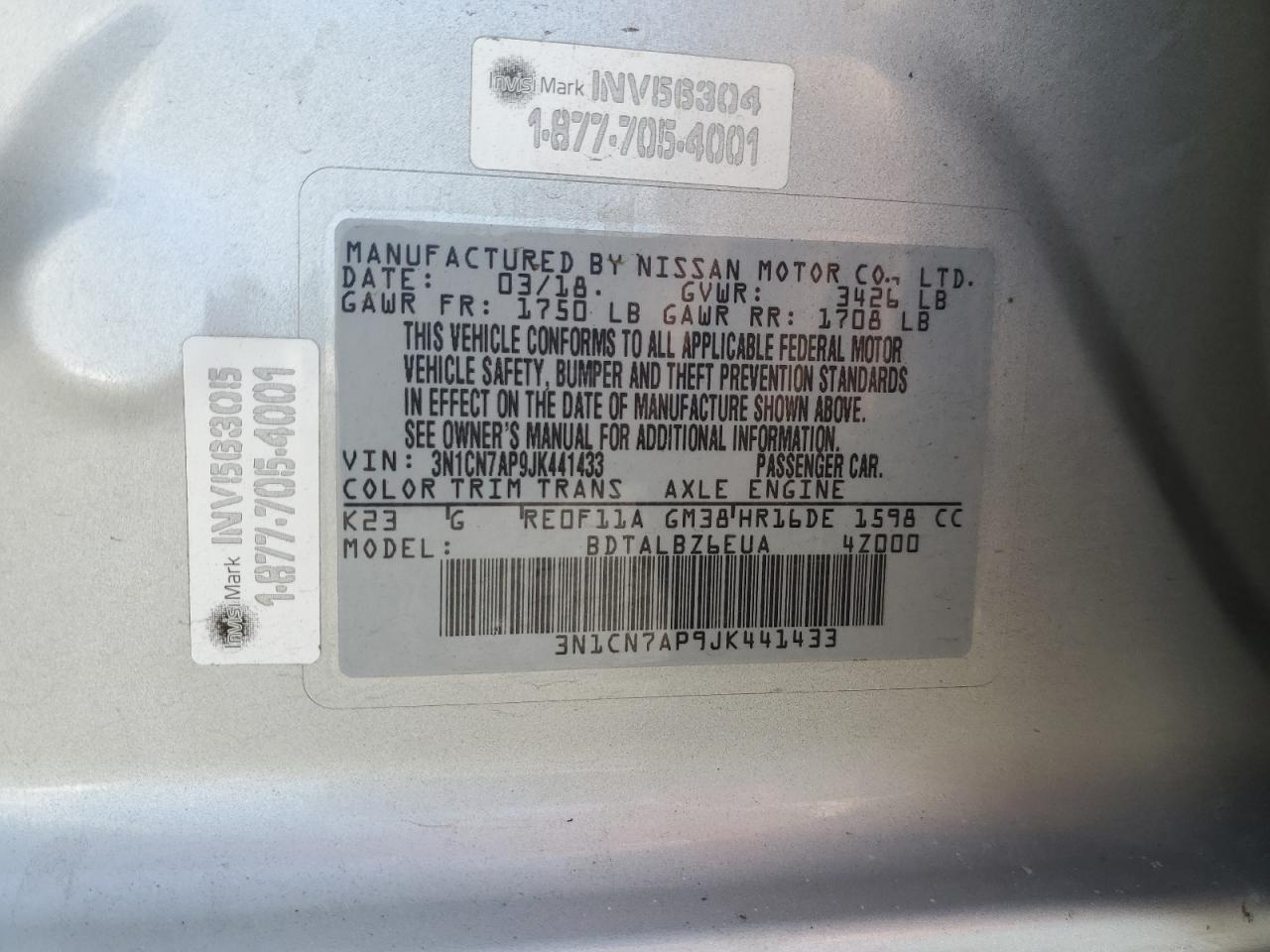 3N1CN7AP9JK441433 2018 Nissan Versa S