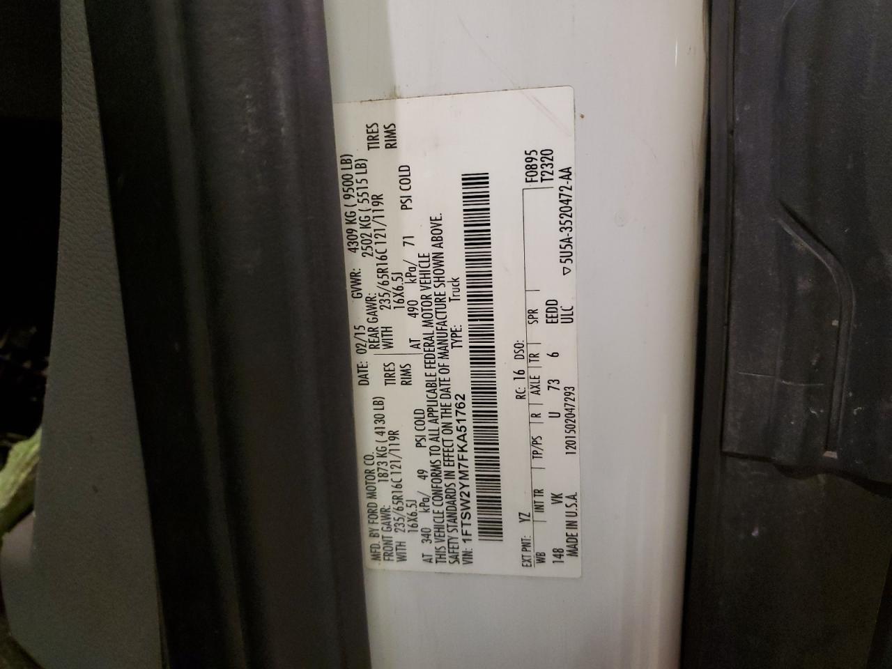 1FTSW2YM7FKA51762 2015 Ford Transit T-350