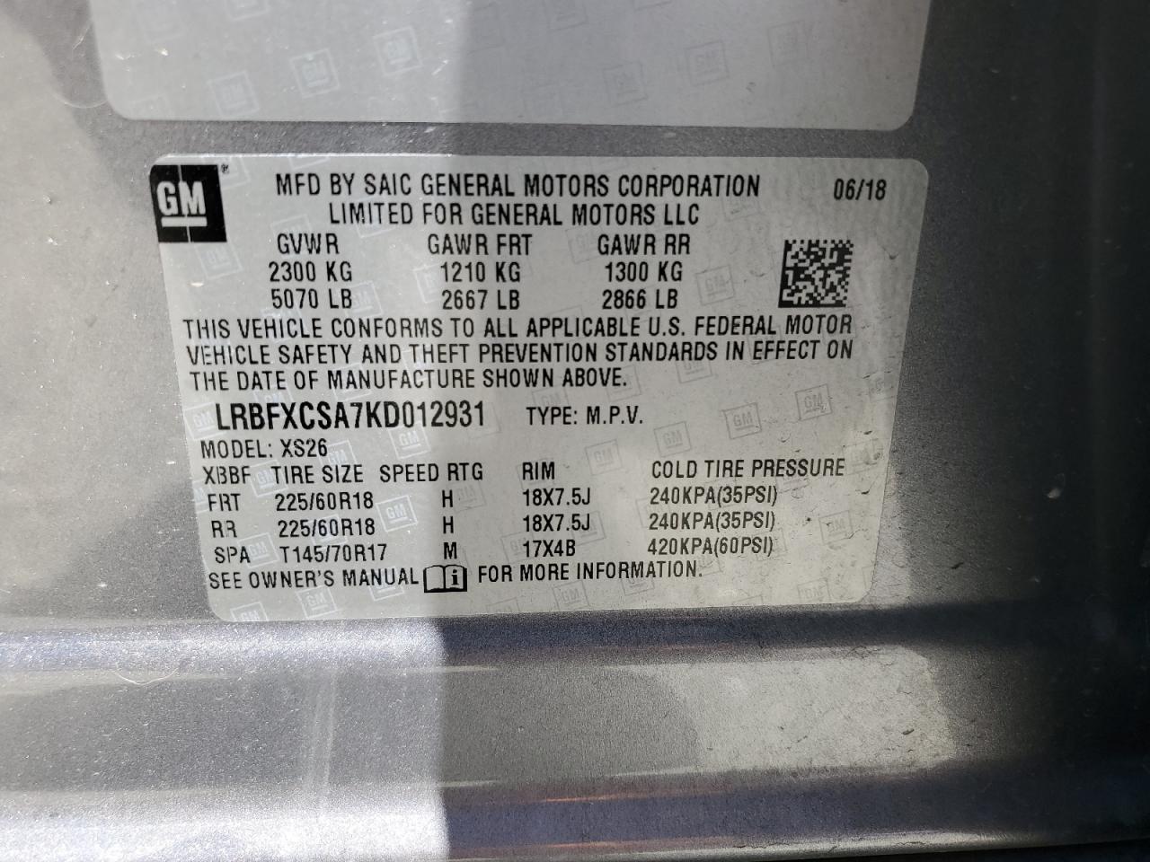 LRBFXCSA7KD012931 2019 Buick Envision Essence