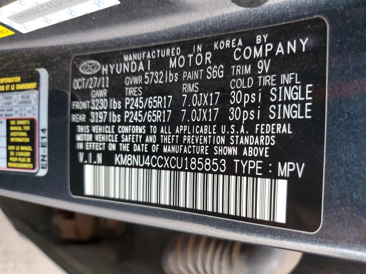 KM8NU4CCXCU185853 2012 Hyundai Veracruz Gls