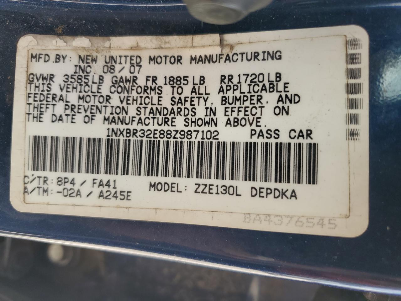 1NXBR32E88Z987102 2008 Toyota Corolla Ce