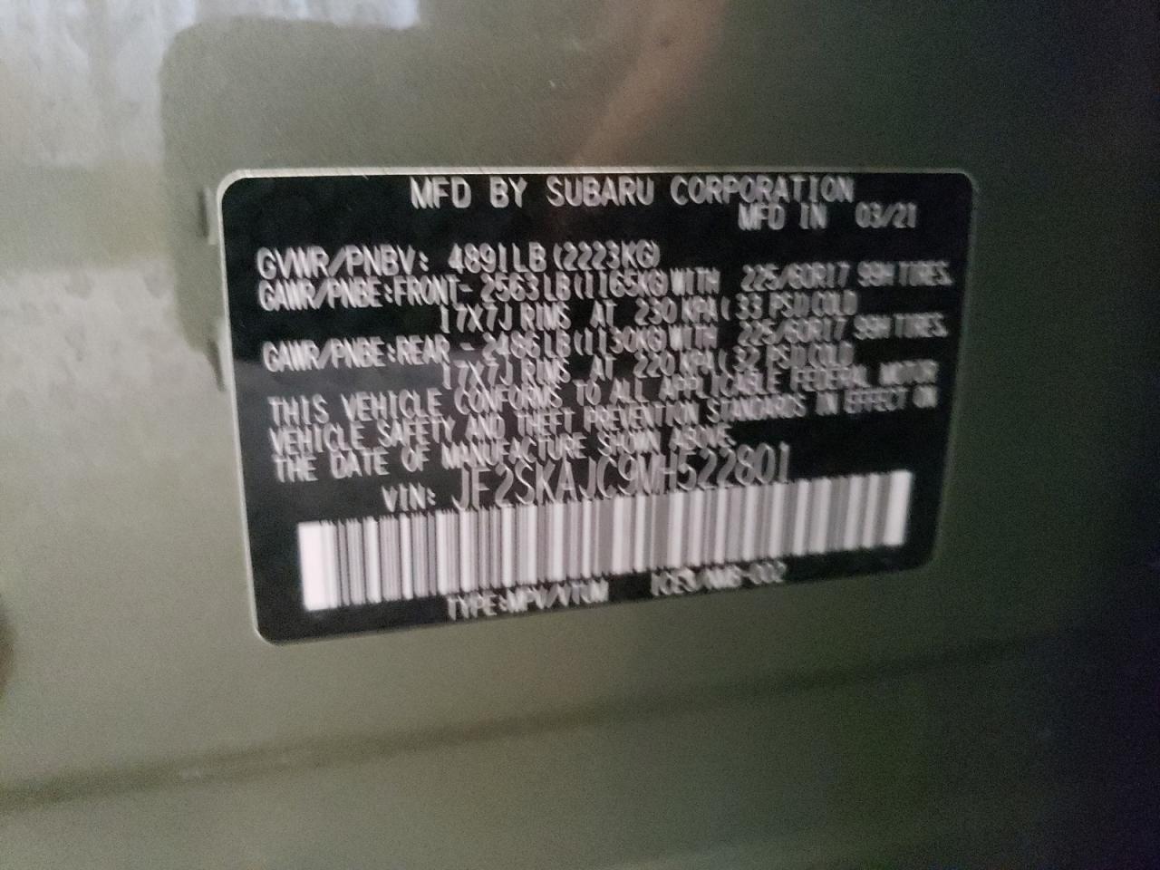 JF2SKAJC9MH522801 2021 Subaru Forester Premium