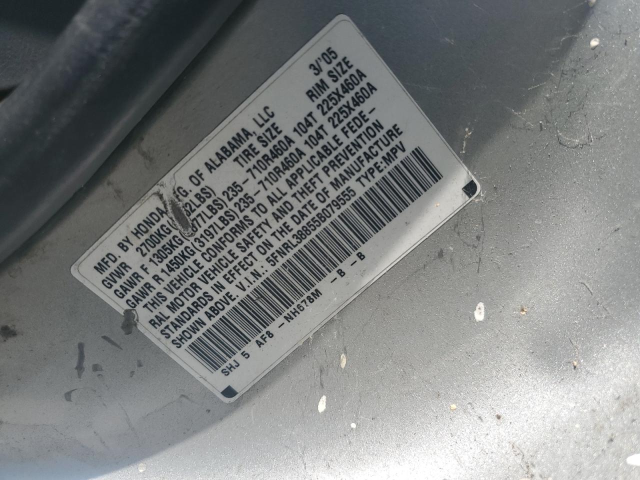 5FNRL38855B079555 2005 Honda Odyssey Touring