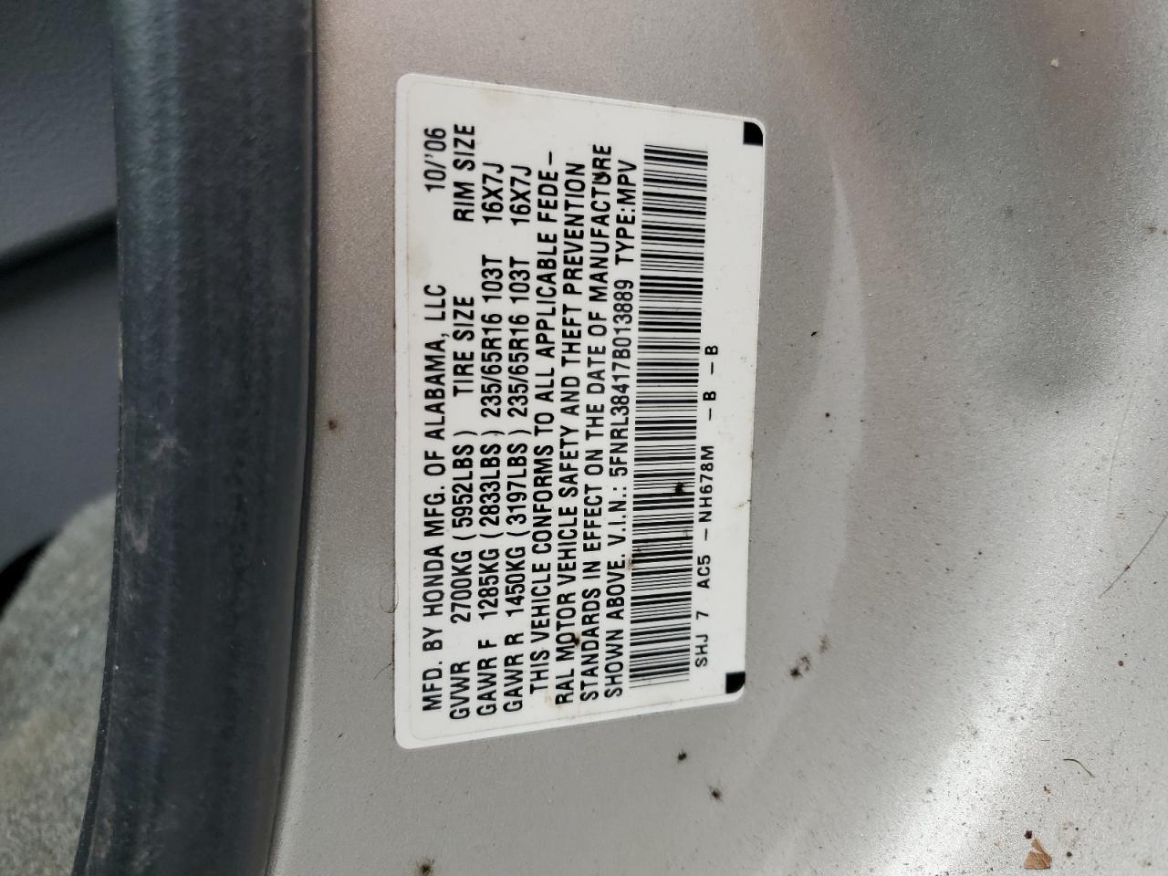 5FNRL38417B013889 2007 Honda Odyssey Ex
