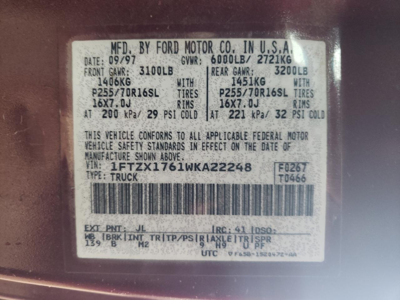 1FTZX1761WKA22248 1998 Ford F150