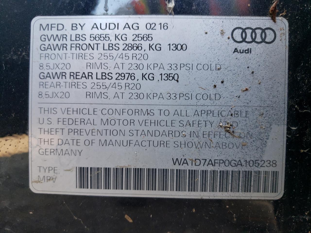 WA1D7AFP0GA105238 2016 Audi Q5 Premium Plus S-Line