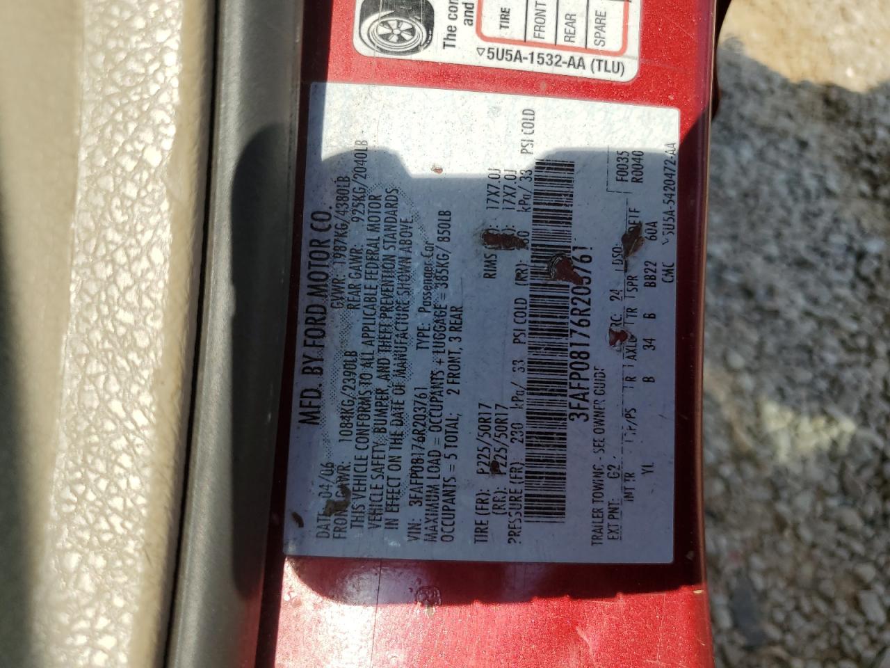 3FAFP08176R203761 2006 Ford Fusion Sel