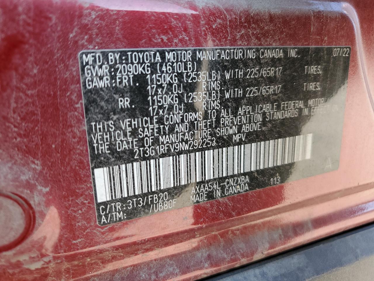 2T3G1RFV9NW292253 TOYOTA RAV4 2022