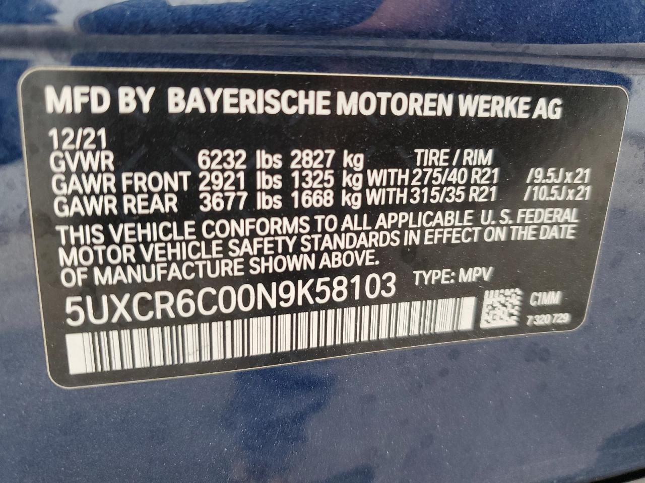 5UXCR6C00N9K58103 2022 BMW X5 xDrive40I