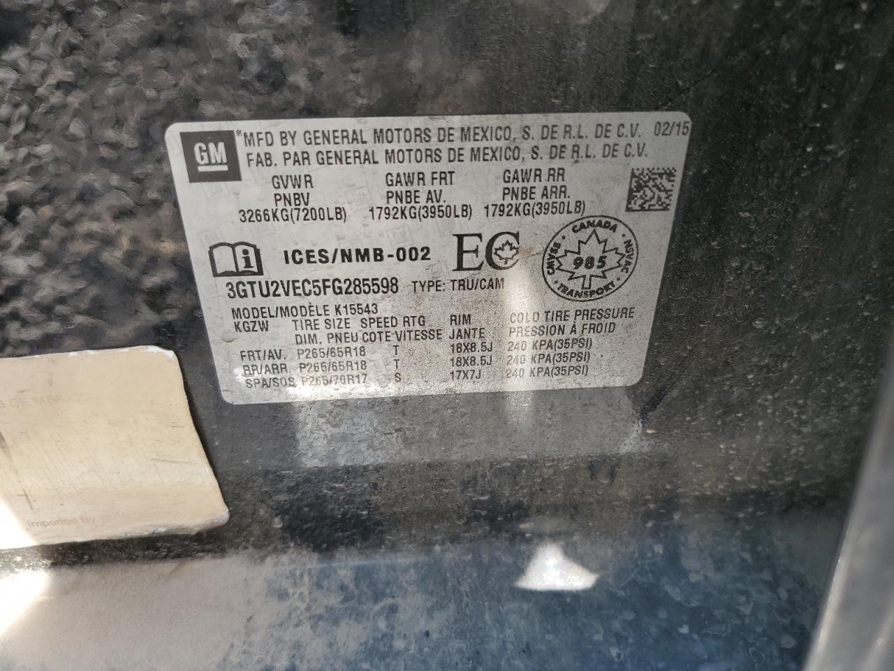 3GTU2VEC5FG285598 2015 GMC Sierra K1500 Slt