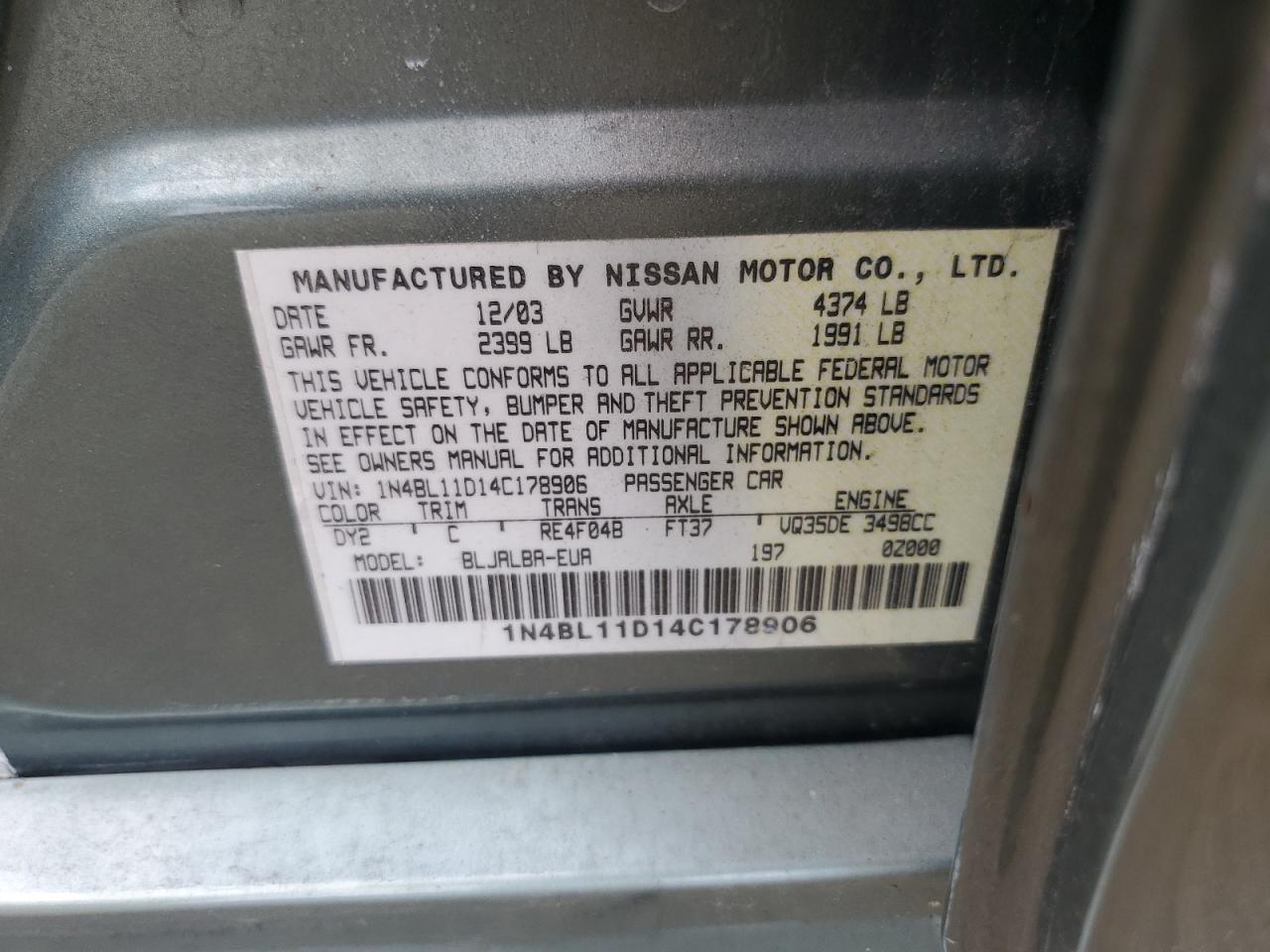 1N4BL11D14C178906 2004 Nissan Altima Se