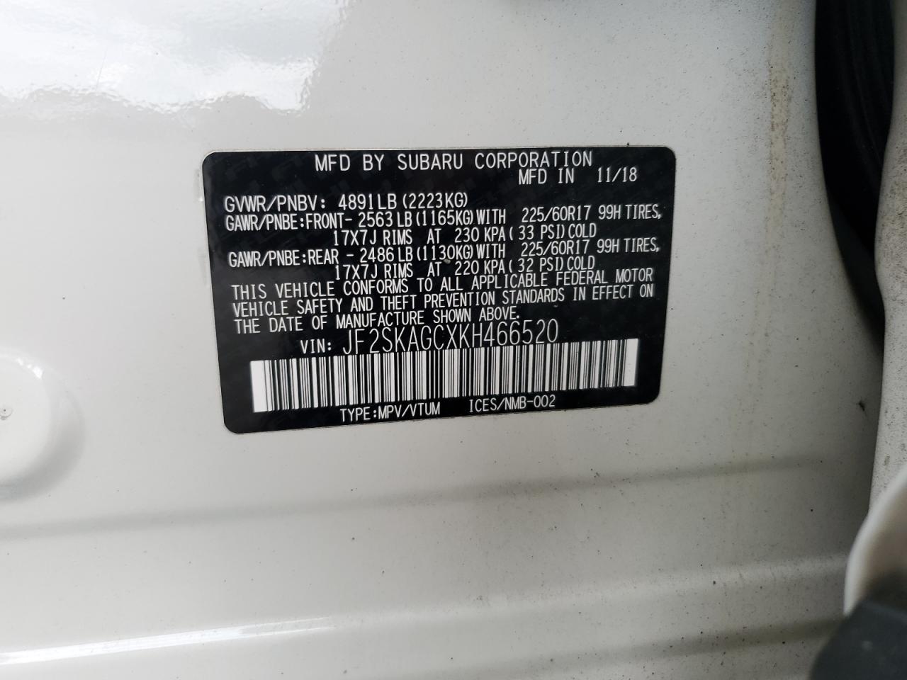 JF2SKAGCXKH466520 2019 Subaru Forester Premium