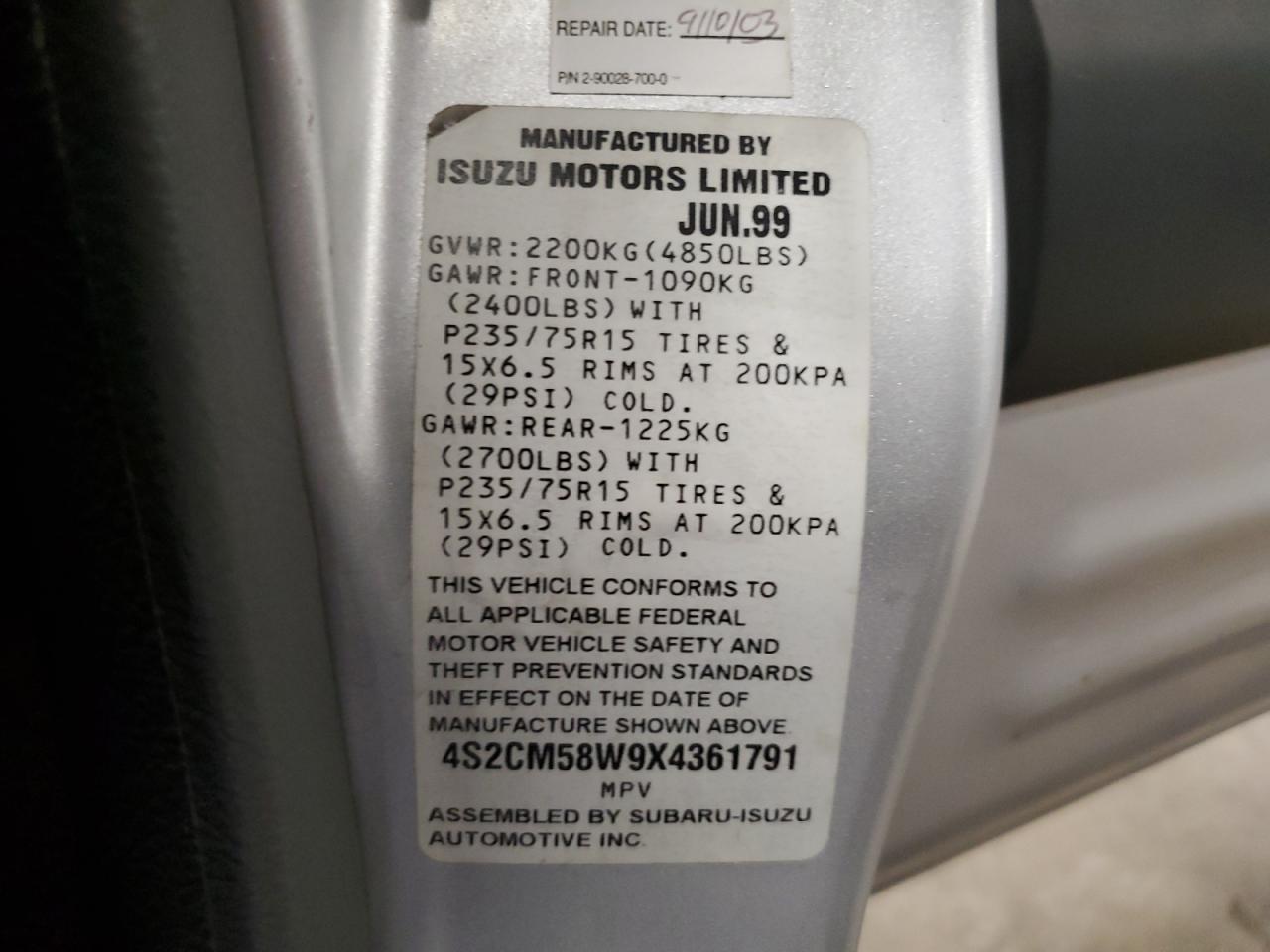 4S2CM58W9X4361791 1999 Isuzu Rodeo S