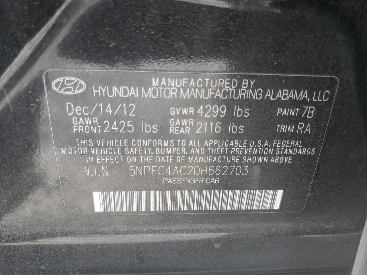 5NPEC4AC2DH662703 2013 Hyundai Sonata Se