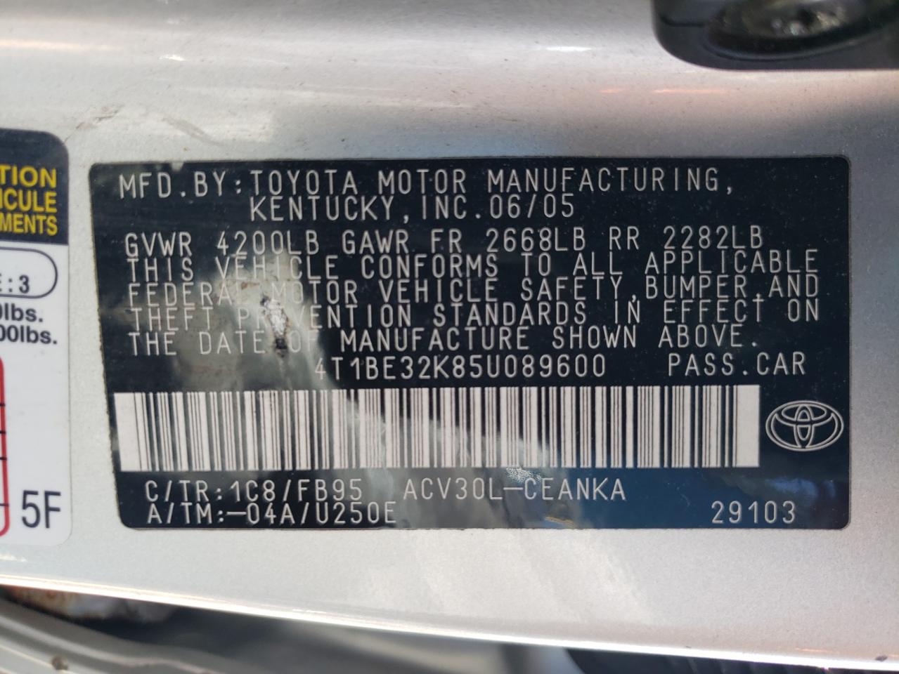4T1BE32K85U089600 2005 Toyota Camry Le