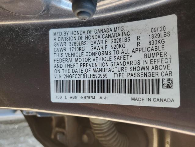 2020 Honda Civic Sport VIN: 2HGFC2F81LH593959 Lot: 58250294