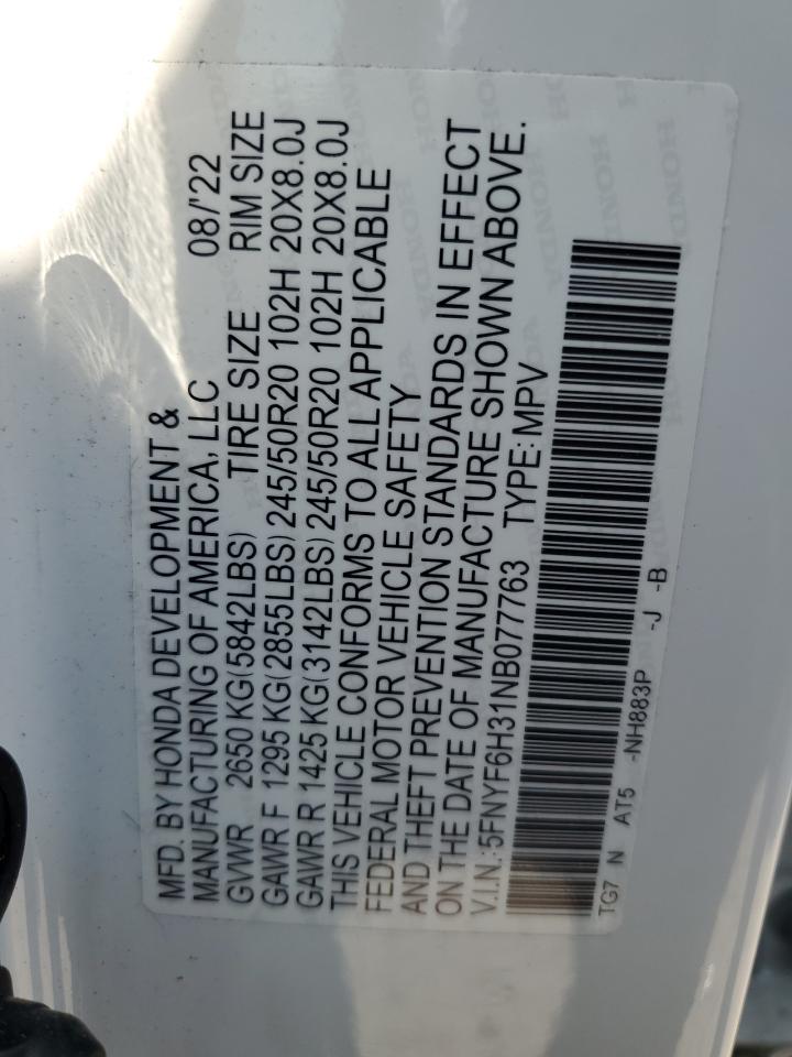 5FNYF6H31NB077763 2022 Honda Pilot Sport