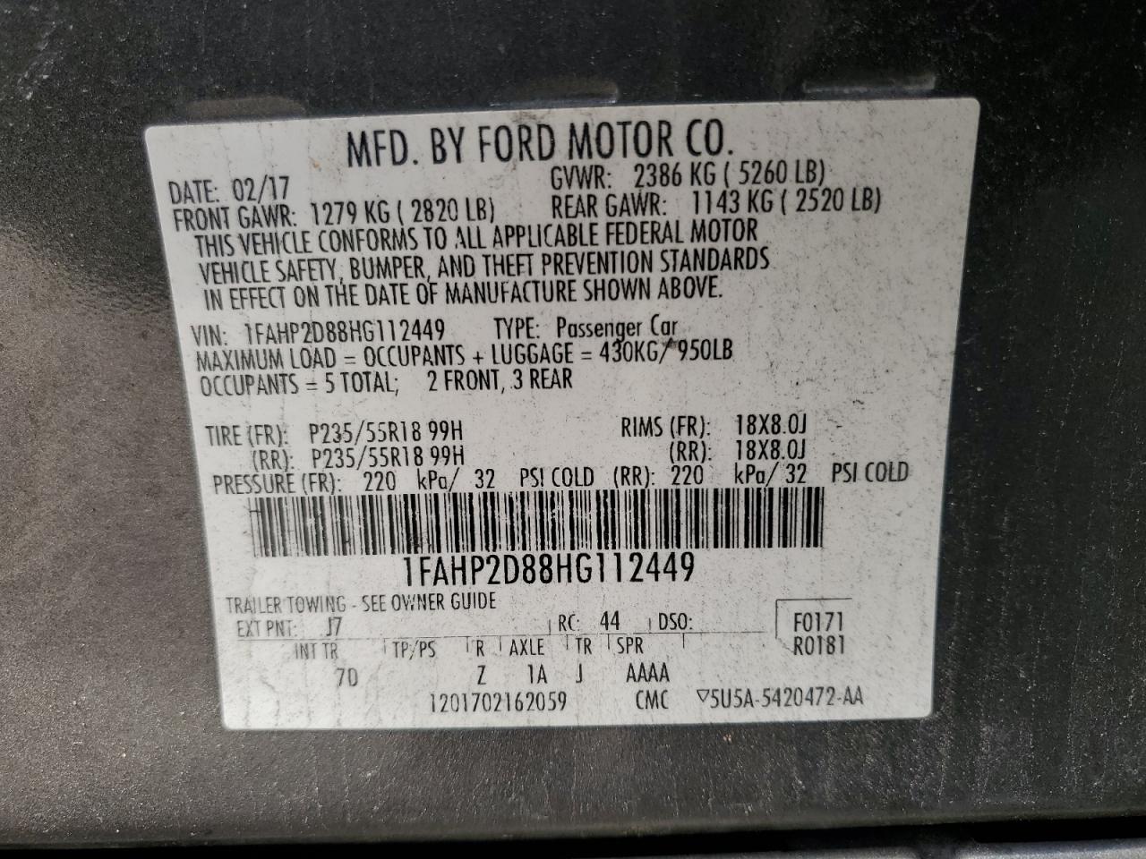 Lot #2923652771 2017 FORD TAURUS SE