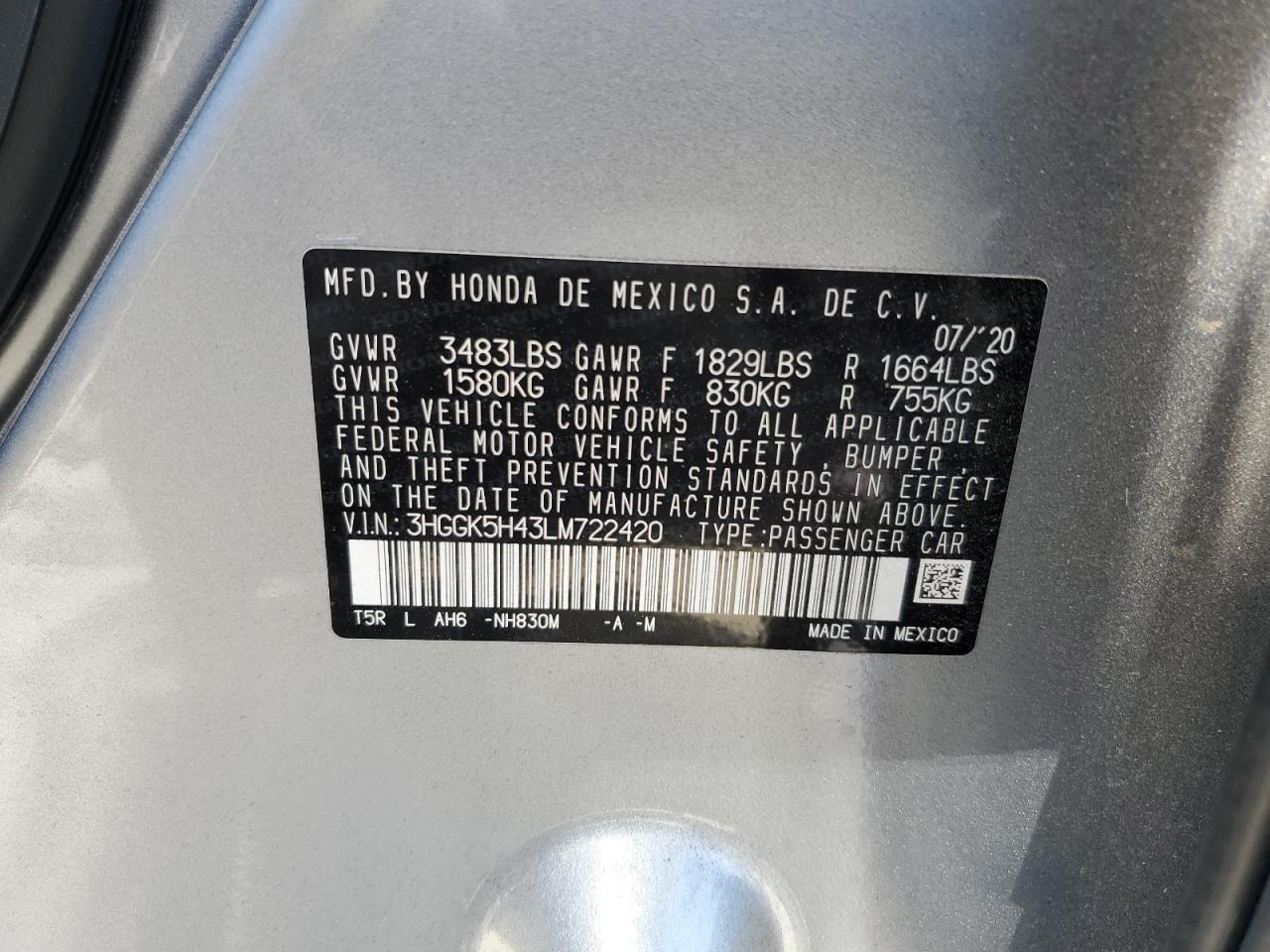 3HGGK5H43LM722420 2020 Honda Fit Lx