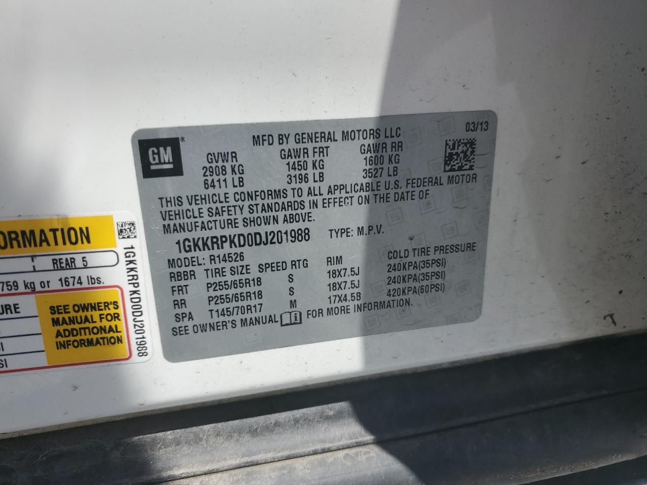 1GKKRPKD0DJ201988 2013 GMC Acadia Sle