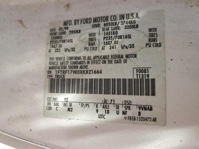 1999 Ford F150 VIN: 1FTRF17W0XKB21664 Lot: 59268464