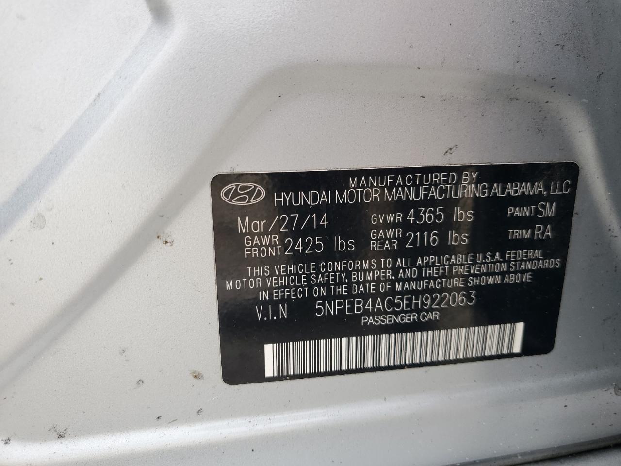 5NPEB4AC5EH922063 2014 Hyundai Sonata Gls