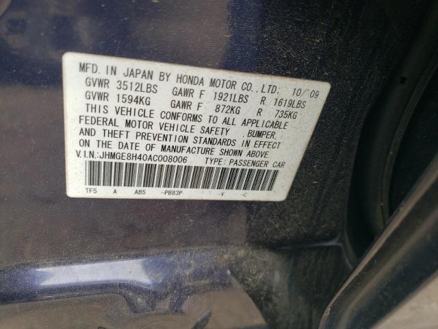 2010 Honda Fit Sport VIN: JHMGE8H40AC008006 Lot: 58462364