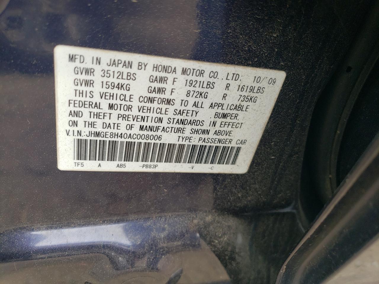 JHMGE8H40AC008006 2010 Honda Fit Sport