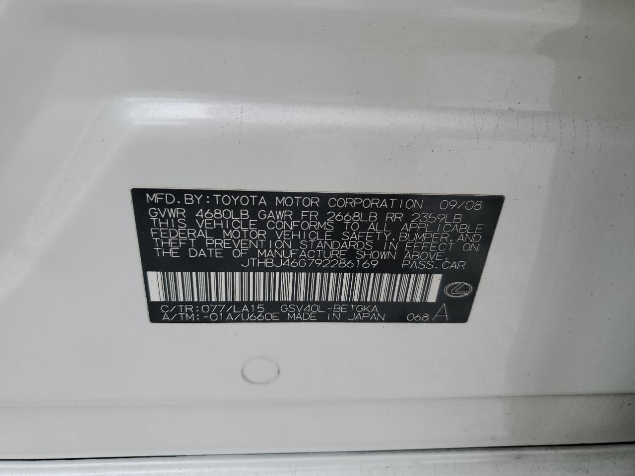 JTHBJ46G792286169 2009 Lexus Es 350