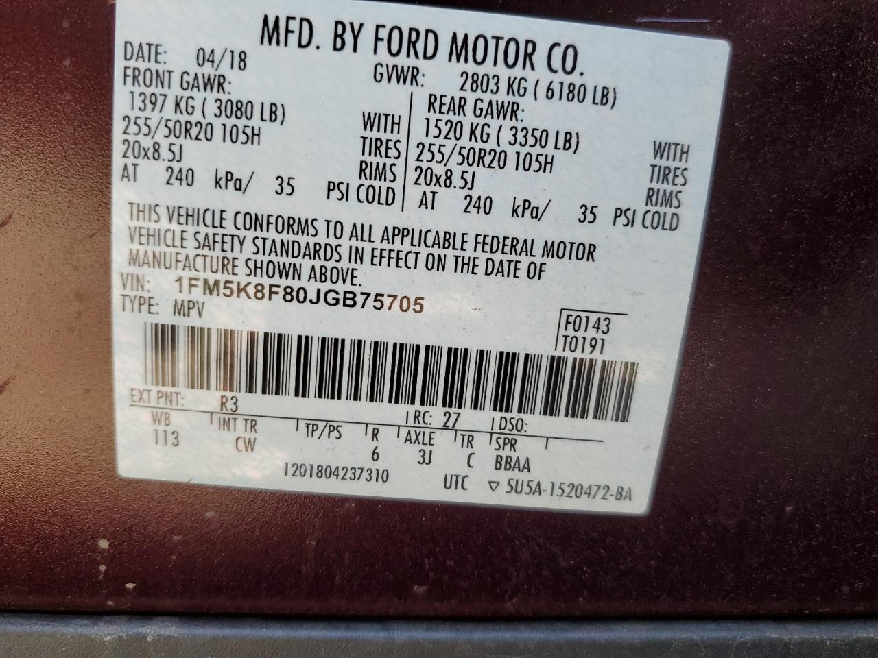 1FM5K8F80JGB75705 2018 Ford Explorer Limited