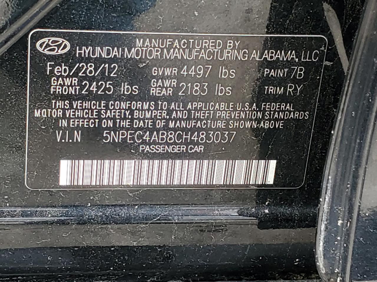 5NPEC4AB8CH483037 2012 Hyundai Sonata Se