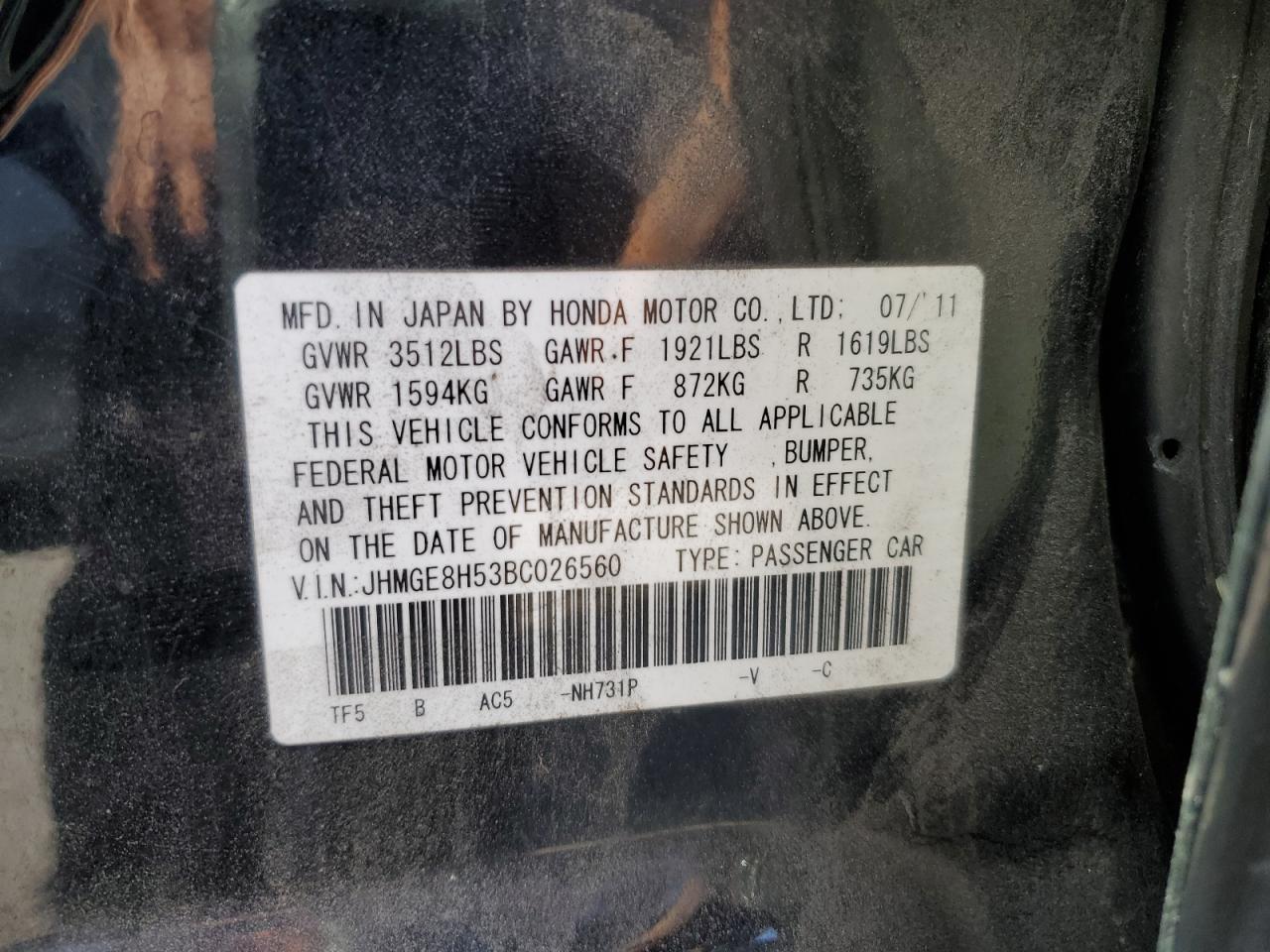 JHMGE8H53BC026560 2011 Honda Fit Sport