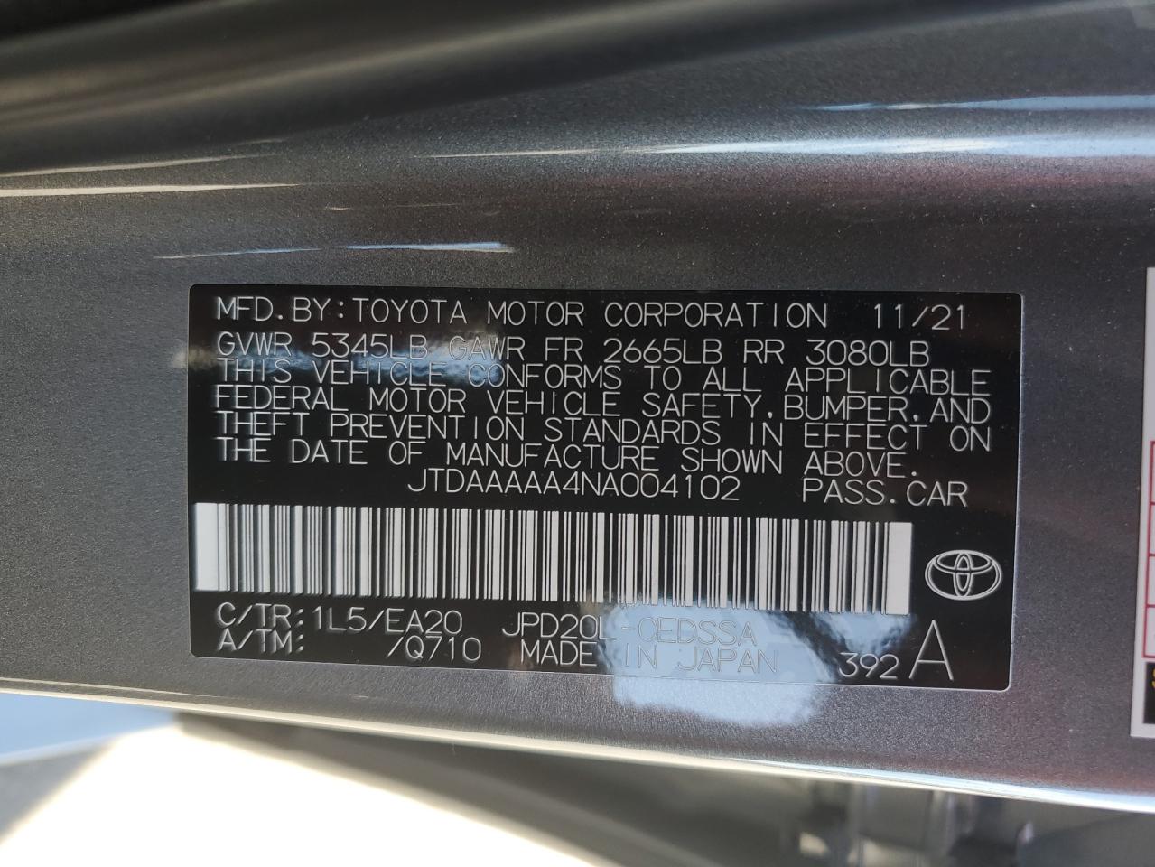 2022 Toyota Mirai Le vin: JTDAAAAA4NA004102